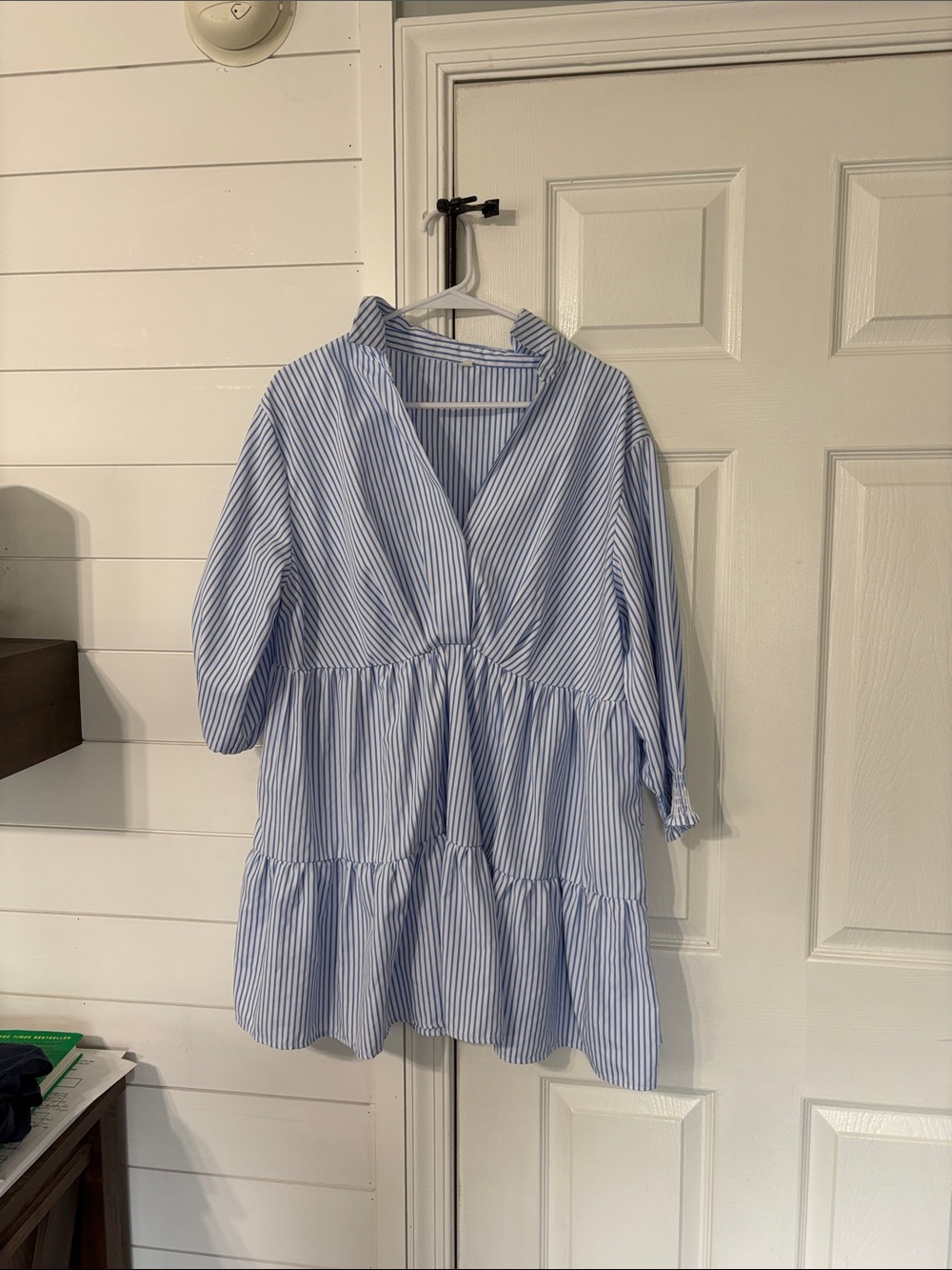 SHEIN Light Blue & White Striped Tiered Midi Dress